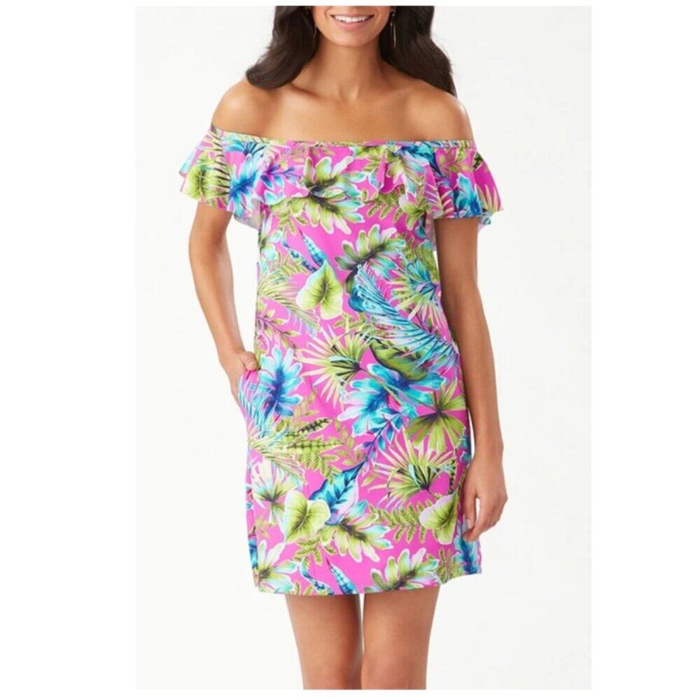 TOMMY BAHAMA Floral Off the Shoulder Spa Mini dress Pockets! sz Medium M